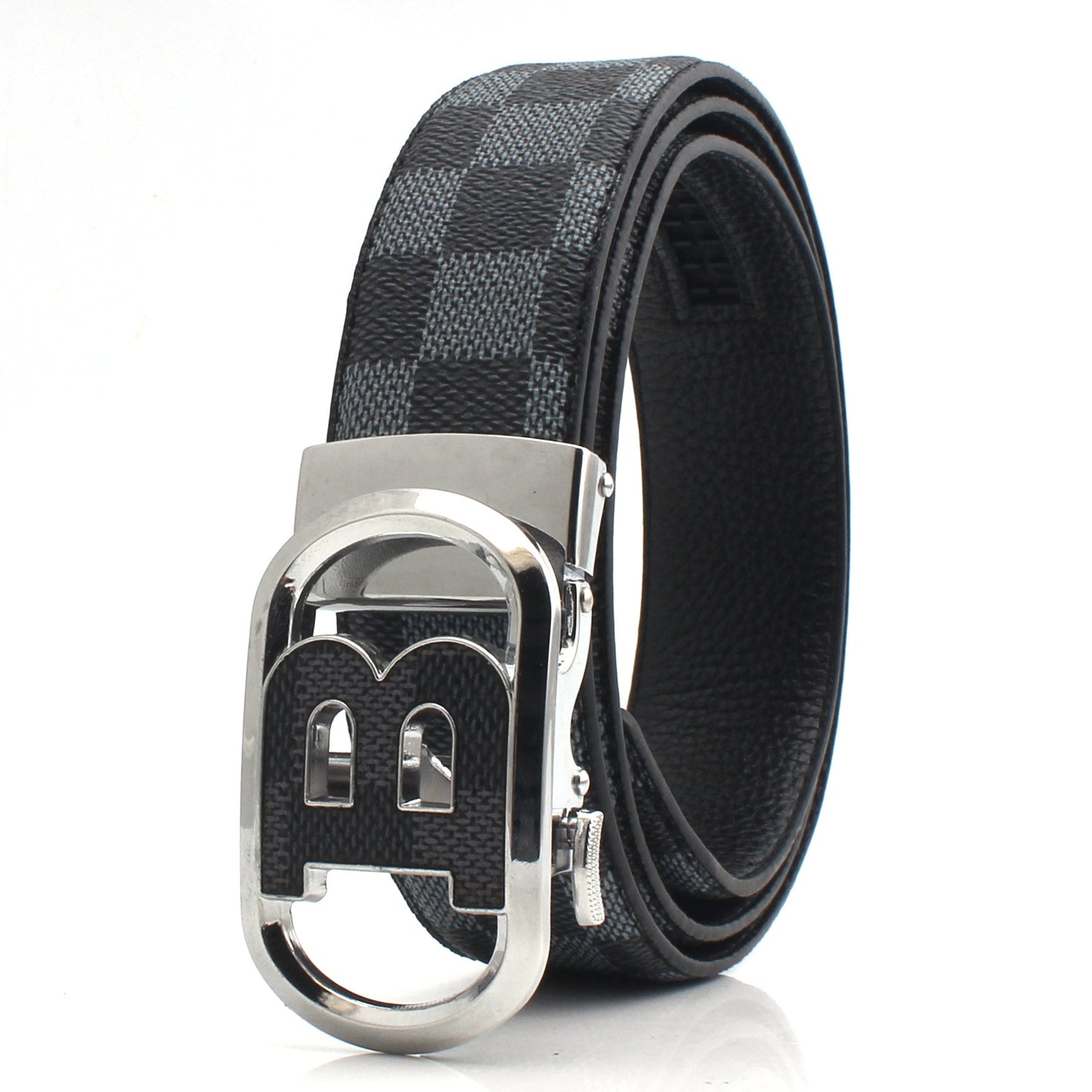 Luxury Designer Style PU Leather Belt,Automatic Buckle(B-patterned black-gray belt + silver buckle V888-ELOSUNG29085