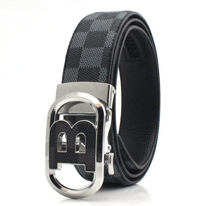 Luxury Designer Style PU Leather Belt,Automatic Buckle(B-patterned black-gray belt + silver buckle V888-ELOSUNG29085
