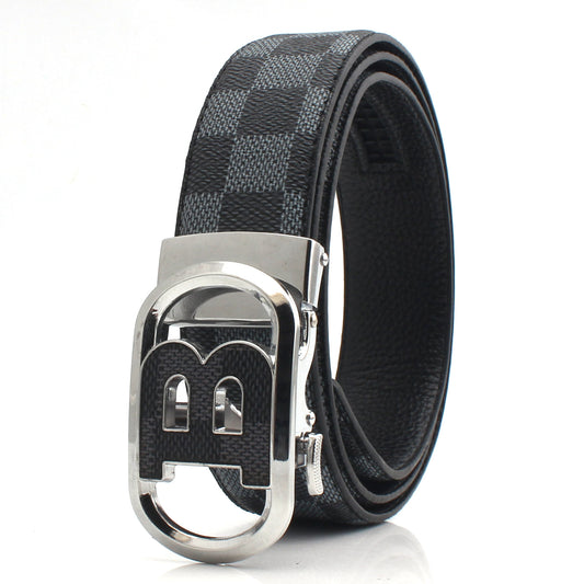 Luxury Designer Style PU Leather Belt,Automatic Buckle(B-patterned black-gray belt + silver buckle V888-ELOSUNG29085
