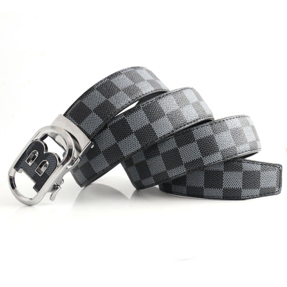 Luxury Designer Style PU Leather Belt,Automatic Buckle(B-patterned black-gray belt + silver buckle V888-ELOSUNG29085