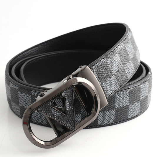 Luxury Designer Style PU Leather Belt,Automatic Buckle(V-patterned black-gray belt + gray buckle) V888-ELOSUNG29086