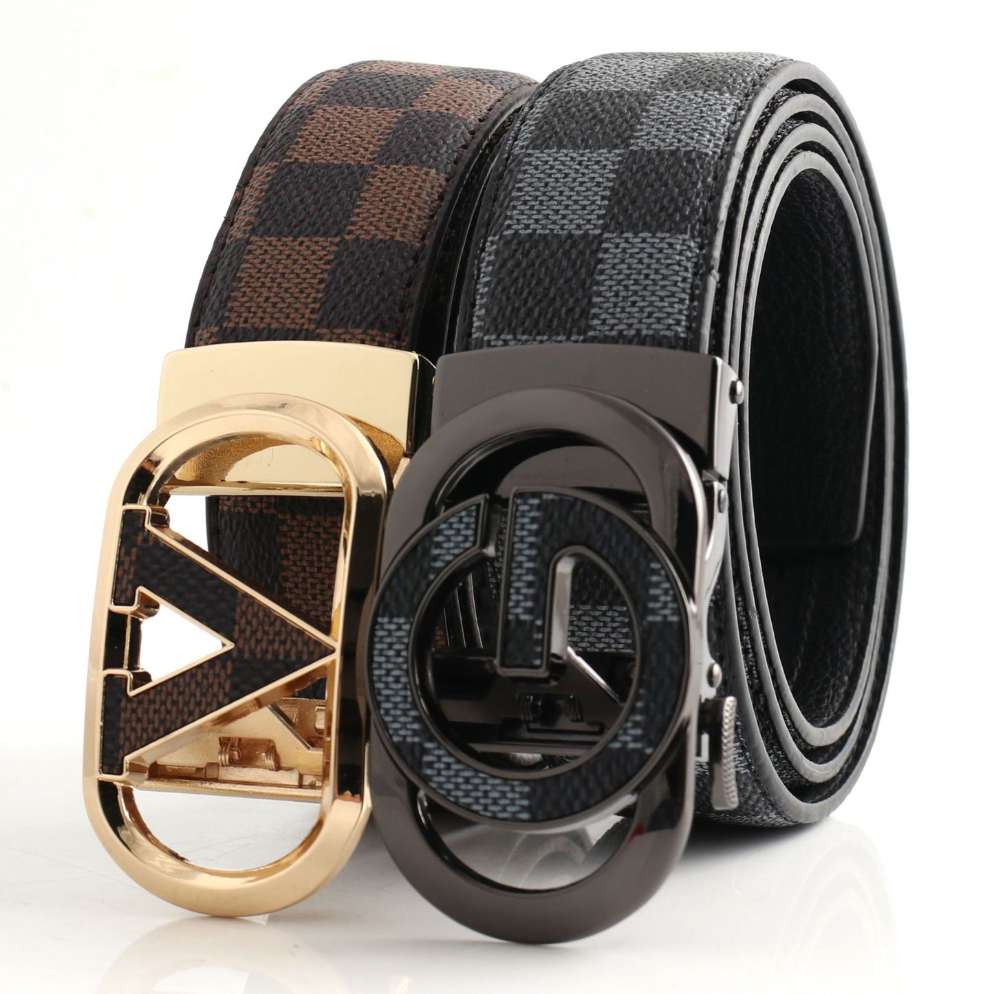 Luxury Designer Style PU Leather Belt,Automatic Buckle(V-patterned black-gray belt + gray buckle) V888-ELOSUNG29086
