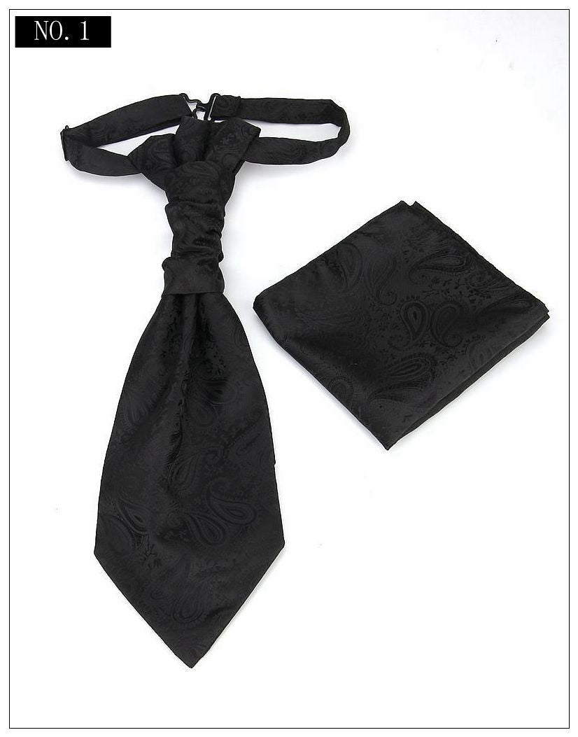 Men's Formal Paisley Ascot Cravat & Pocket Square Set - Adjustable Necktie for Weddings(Black) V888-ELOSUNG29093
