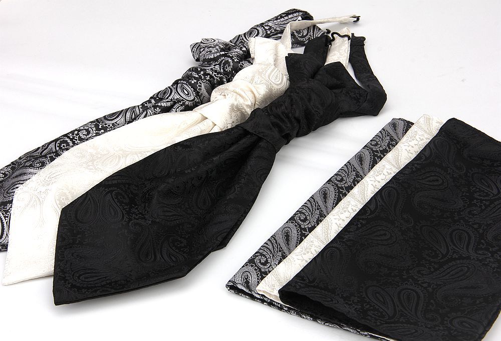 Men's Formal Paisley Ascot Cravat & Pocket Square Set - Adjustable Necktie for Weddings(Black) V888-ELOSUNG29093