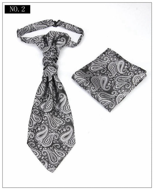 Men's Formal Paisley Ascot Cravat & Pocket Square Set - Adjustable Necktie for Weddings(Dark Gray pattern) V888-ELOSUNG29094