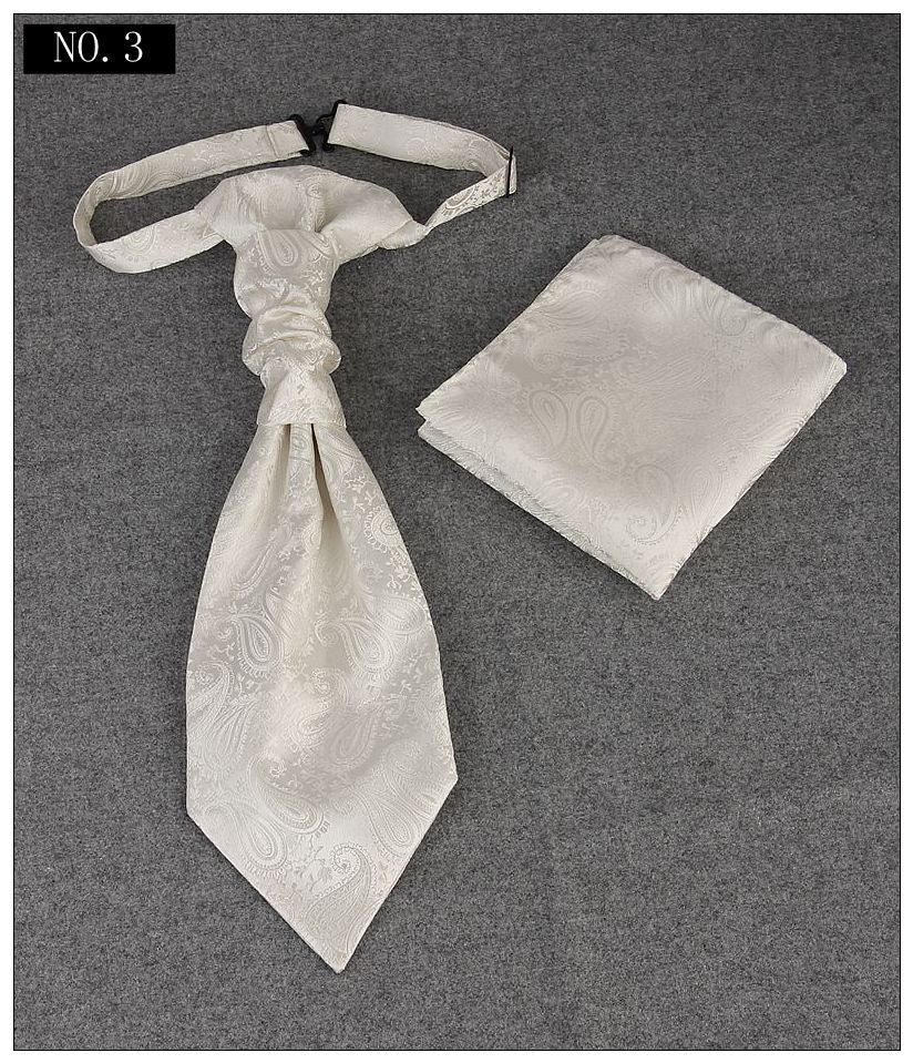 Men's Formal Paisley Ascot Cravat & Pocket Square Set - Adjustable Necktie for Weddings(Ivory White) V888-ELOSUNG29095