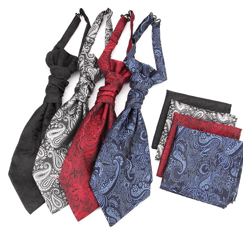 Men's Formal Paisley Ascot Cravat & Pocket Square Set - Adjustable Necktie for Weddings(Red pattern) V888-ELOSUNG29097