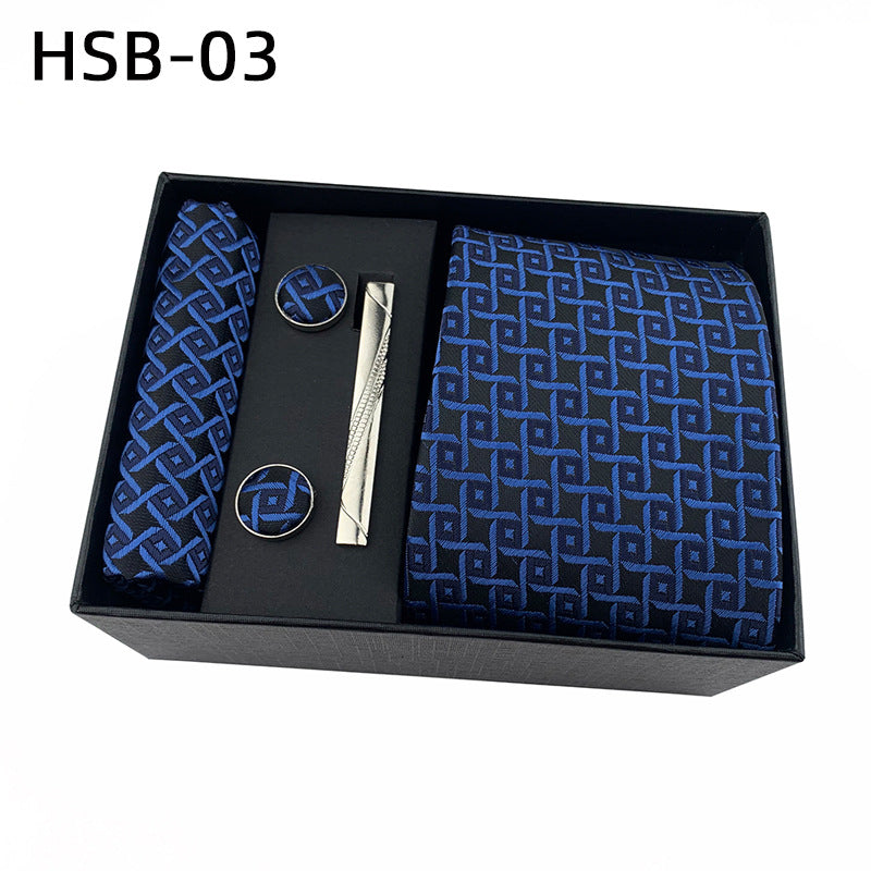 Men's Luxury Necktie Gift Set - 4 Piece Set with Tie, Pocket Square, Cufflinks & Tie Clip(Dark blue plaid) V888-ELOSUNG29102