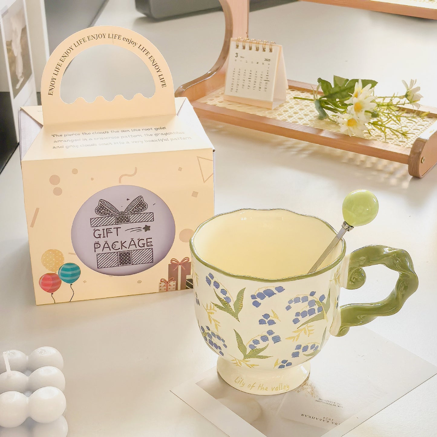 Elegant Ceramic Mug with Sculpted Handle,400ml Vintage Inspired Pedestal Design(Matcha Green) V888-ELOSUNG29112