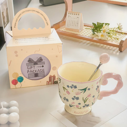 Elegant Ceramic Mug with Sculpted Handle,400ml Vintage Inspired Pedestal Design(Rose pink) V888-ELOSUNG29114