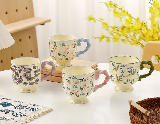 Elegant Ceramic Mug with Sculpted Handle,400ml Vintage Inspired Pedestal Design(Blue) V888-ELOSUNG29115