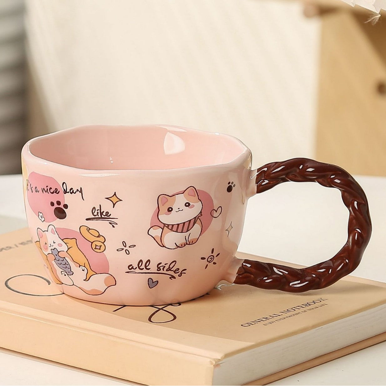 Whimsical Cat & Friends Ceramic Mug - 320ml with Unique Twisted Handle (pink) V888-ELOSUNG29116