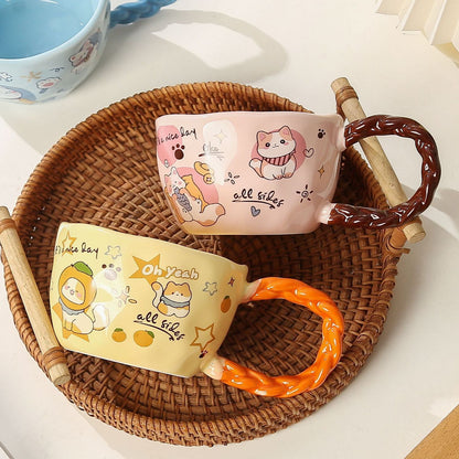 Whimsical Cat & Friends Ceramic Mug - 320ml with Unique Twisted Handle (pink) V888-ELOSUNG29116
