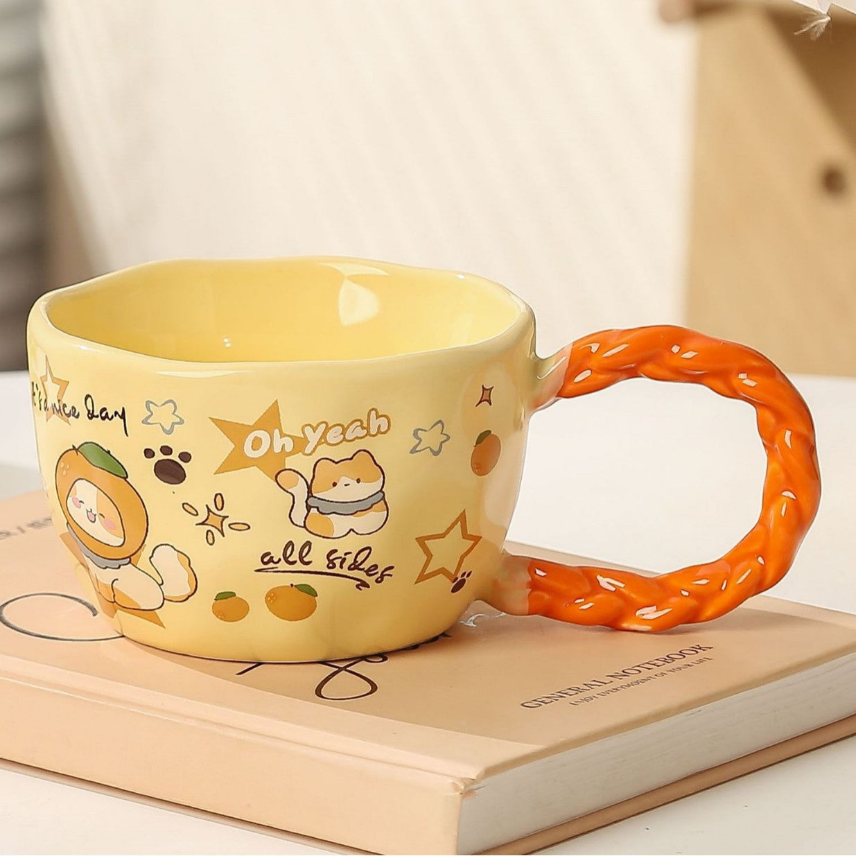 Whimsical Cat & Friends Ceramic Mug - 320ml with Unique Twisted Handle (Yellow) V888-ELOSUNG29117