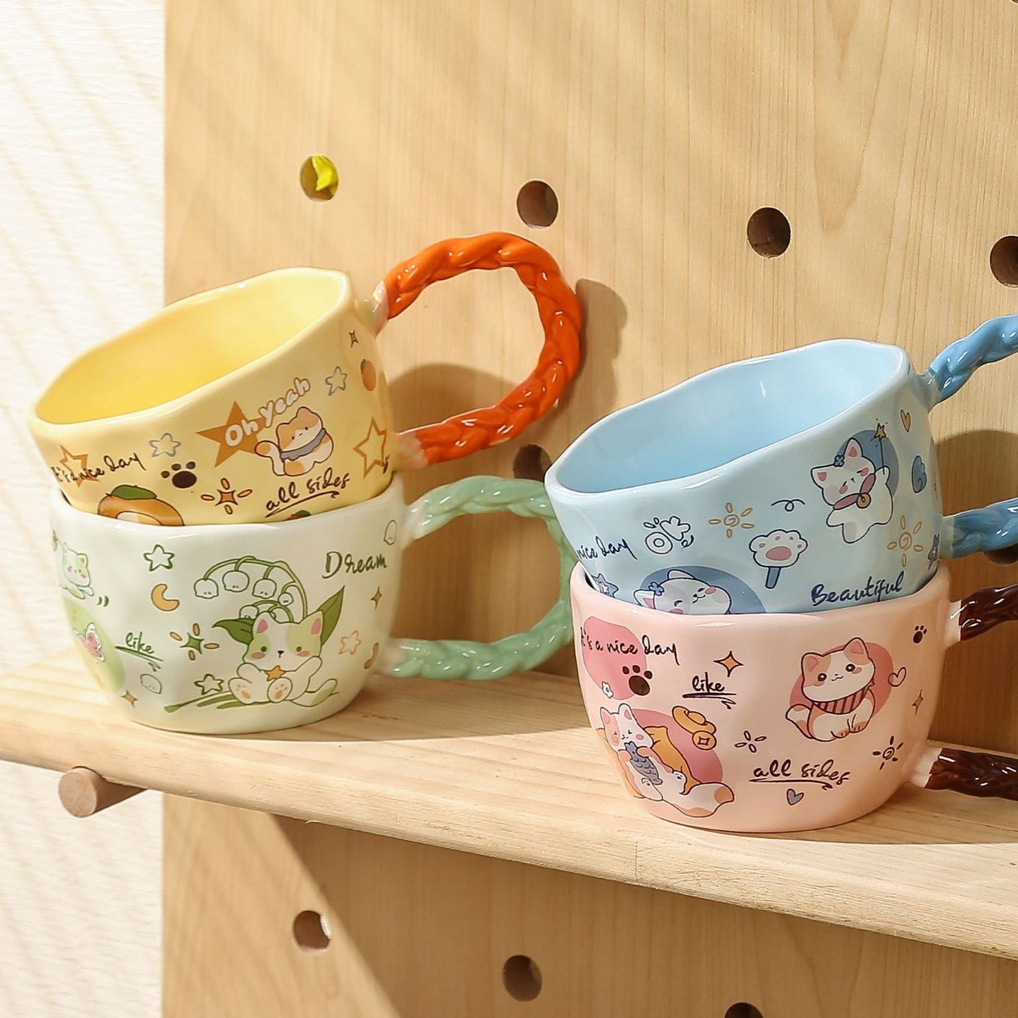 Whimsical Cat & Friends Ceramic Mug - 320ml with Unique Twisted Handle (Yellow) V888-ELOSUNG29117