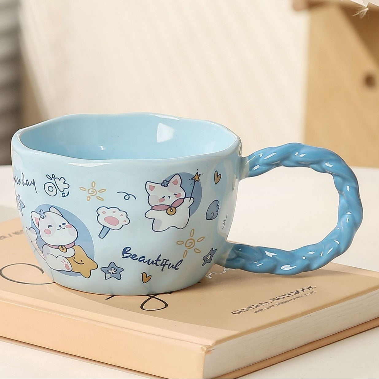 Whimsical Cat & Friends Ceramic Mug - 320ml with Unique Twisted Handle (Blue) V888-ELOSUNG29118
