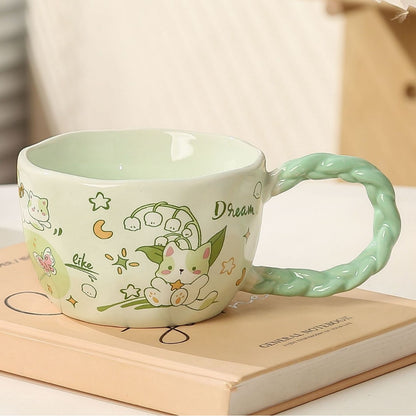 Whimsical Cat & Friends Ceramic Mug - 320ml with Unique Twisted Handle (Green) V888-ELOSUNG29119