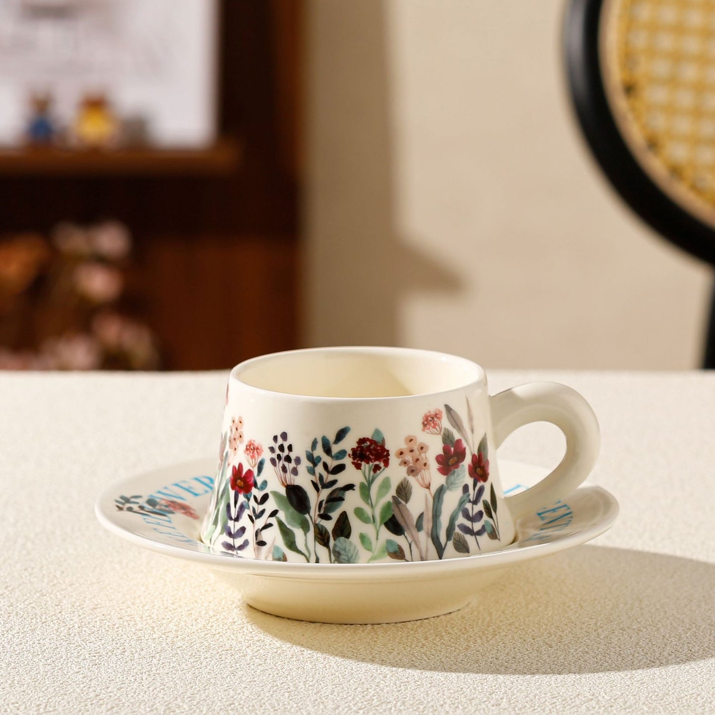 Vintage Floral Ceramic Coffee Cup & Saucer Set(White disc-green floral) V888-ELOSUNG29156