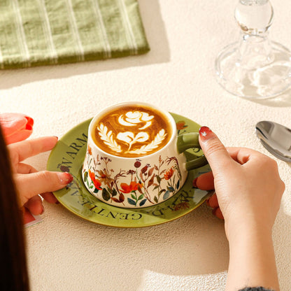 Vintage Floral Ceramic Coffee Cup & Saucer Set(White disc-green floral) V888-ELOSUNG29156