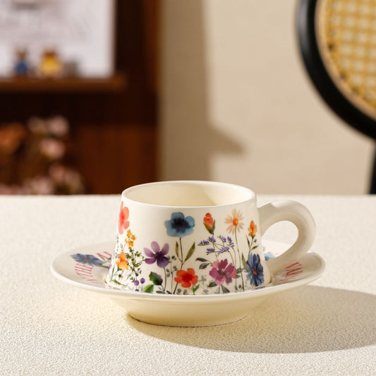 Vintage Floral Ceramic Coffee Cup & Saucer Set(White disc - colorful flowers) V888-ELOSUNG29159