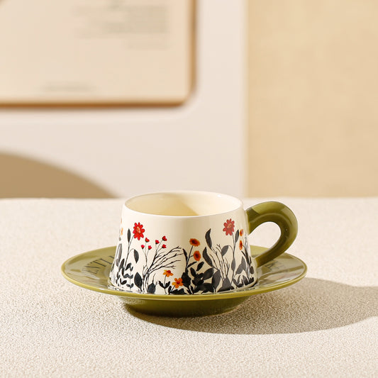 Vintage Floral Ceramic Coffee Cup & Saucer Set(Green disc - green sunflowers) V888-ELOSUNG29160