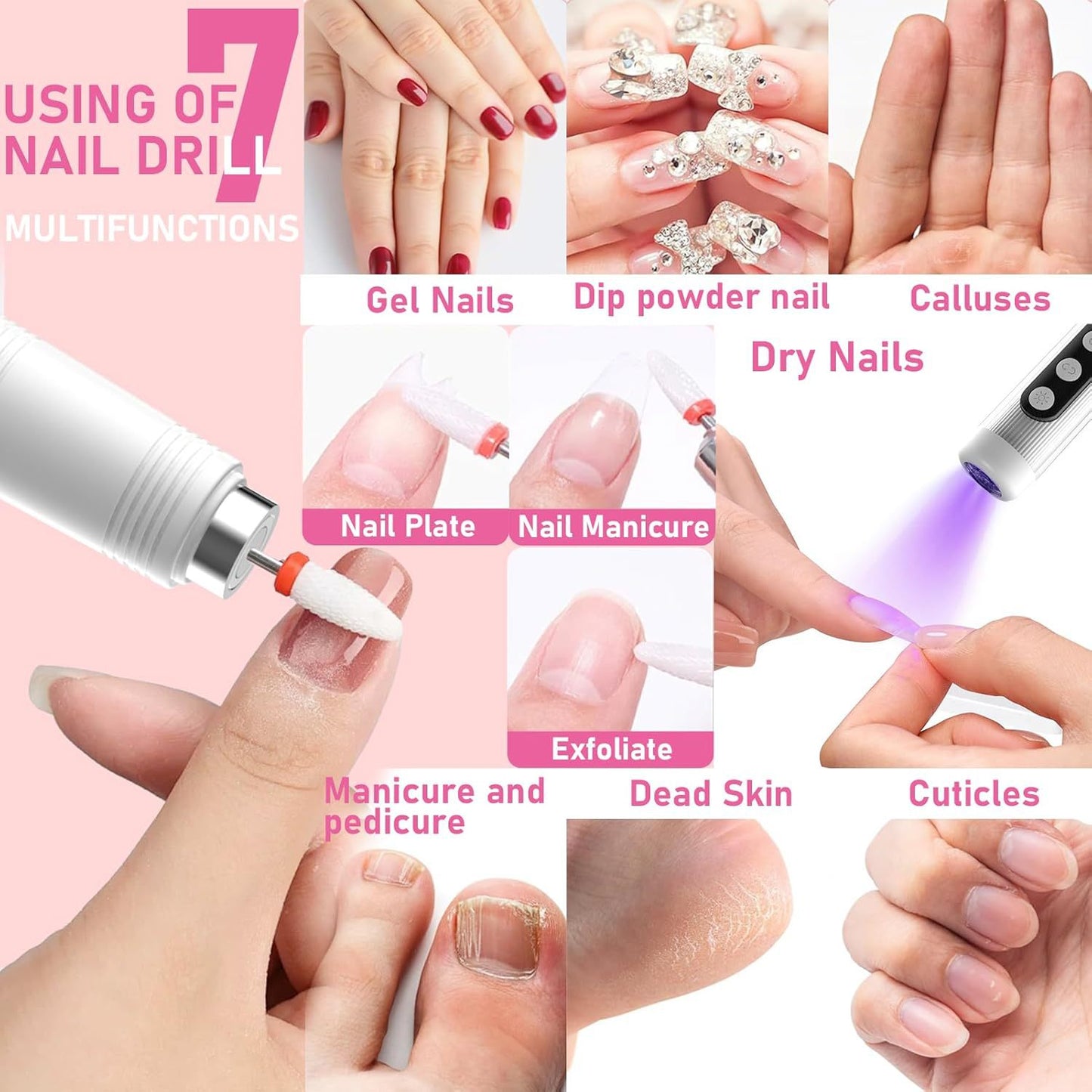 Portable Cordless Electric Nail Drill Kit with UV Lamp - 0-20000RPM, LED Display, 12 Bits(Grey) V888-ELOSUNG29246
