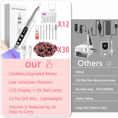 Portable Cordless Electric Nail Drill Kit with UV Lamp - 0-20000RPM, LED Display, 12 Bits(White) V888-ELOSUNG29247