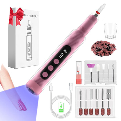 Portable Cordless Electric Nail Drill Kit with UV Lamp - 0-20000RPM, LED Display, 12 Bits(Pink) V888-ELOSUNG29249