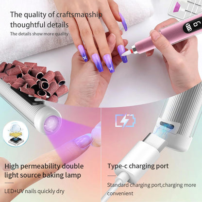 Portable Cordless Electric Nail Drill Kit with UV Lamp - 0-20000RPM, LED Display, 12 Bits(Pink) V888-ELOSUNG29249
