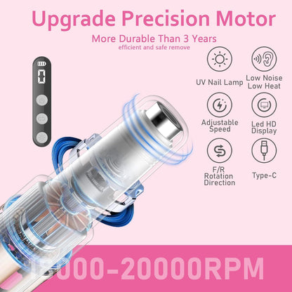 Portable Cordless Electric Nail Drill Kit with UV Lamp - 0-20000RPM, LED Display, 12 Bits(Pink) V888-ELOSUNG29249