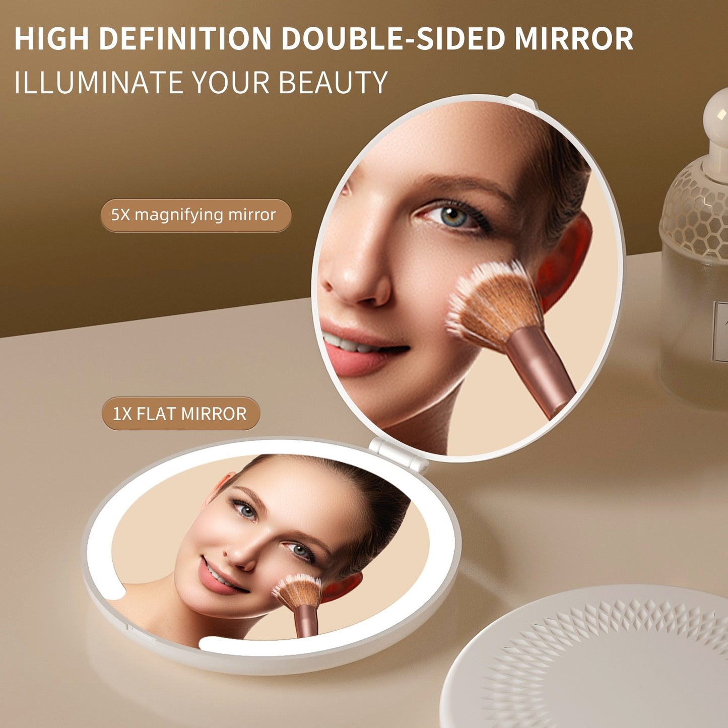 LED Lighted Travel Makeup Mirror - Double-Sided 1X/5X Magnification, USB-C Rechargeable, Induction V888-ELOSUNG29274