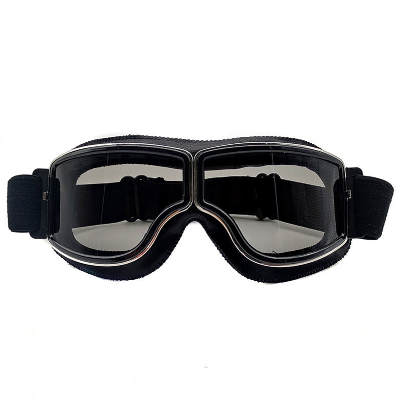 Retro Motorcycle Goggles - Windproof, UV400 Protection, Anti-Impact PC Lenses with Leather Frame(Black V888-ELOSUNG29345