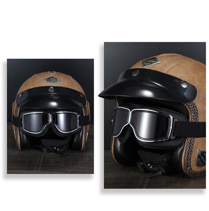 Retro Motorcycle Goggles - Windproof, UV400 Protection, Anti-Impact PC Lenses with Leather Frame(Black V888-ELOSUNG29345