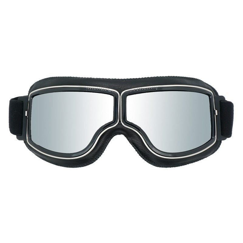 Retro Motorcycle Goggles - Windproof, UV400 Protection, Anti-Impact PC Lenses with Leather Frame(Black V888-ELOSUNG29346