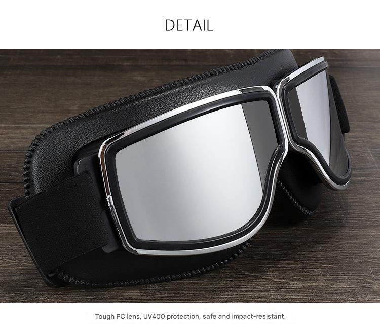 Retro Motorcycle Goggles - Windproof, UV400 Protection, Anti-Impact PC Lenses with Leather Frame(Black V888-ELOSUNG29346