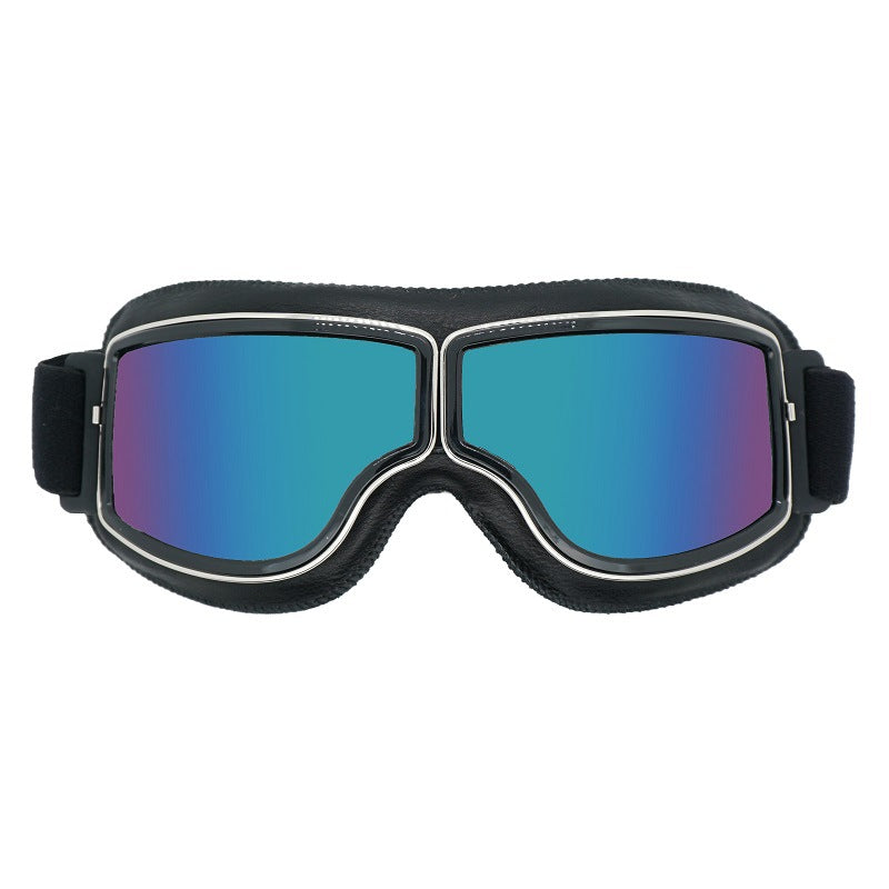 Retro Motorcycle Goggles - Windproof, UV400 Protection, Anti-Impact PC Lenses with Leather Frame(Black V888-ELOSUNG29347
