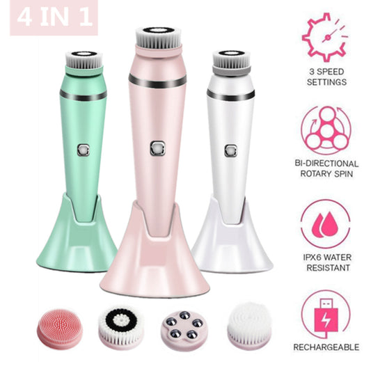 4-in-1 Electric Facial Cleansing Brush & Massager - IPX6 Waterproof, 3 Speeds, Bi-Directional Spin, USB V888-ELOSUNG29387