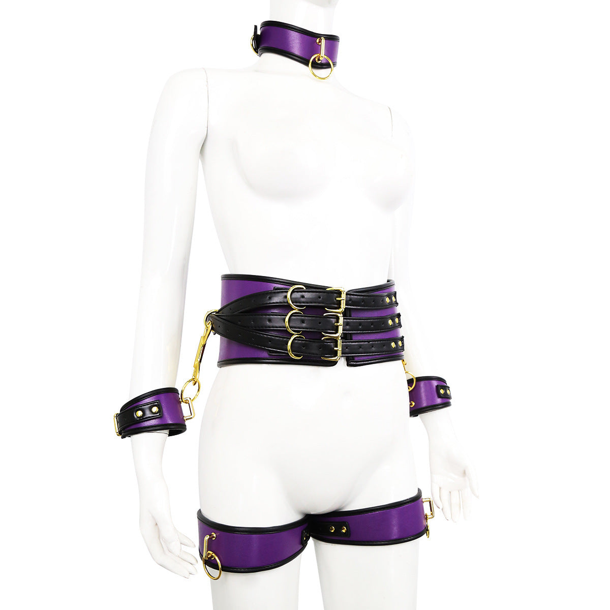 Adjustable PU Leather Bondage Restraint Set - Collar, Waist Belt, Hand & Leg Cuffs with Connectors(purple) V888-ELOSUNG29408
