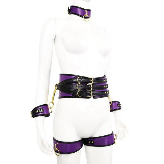 Adjustable PU Leather Bondage Restraint Set - Collar, Waist Belt, Hand & Leg Cuffs with Connectors(purple) V888-ELOSUNG29408