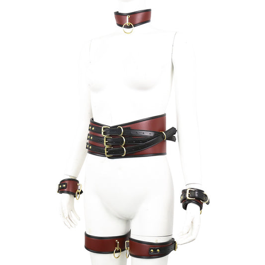Adjustable PU Leather Bondage Restraint Set - Collar, Waist Belt, Hand & Leg Cuffs with Connectors(red) V888-ELOSUNG29409