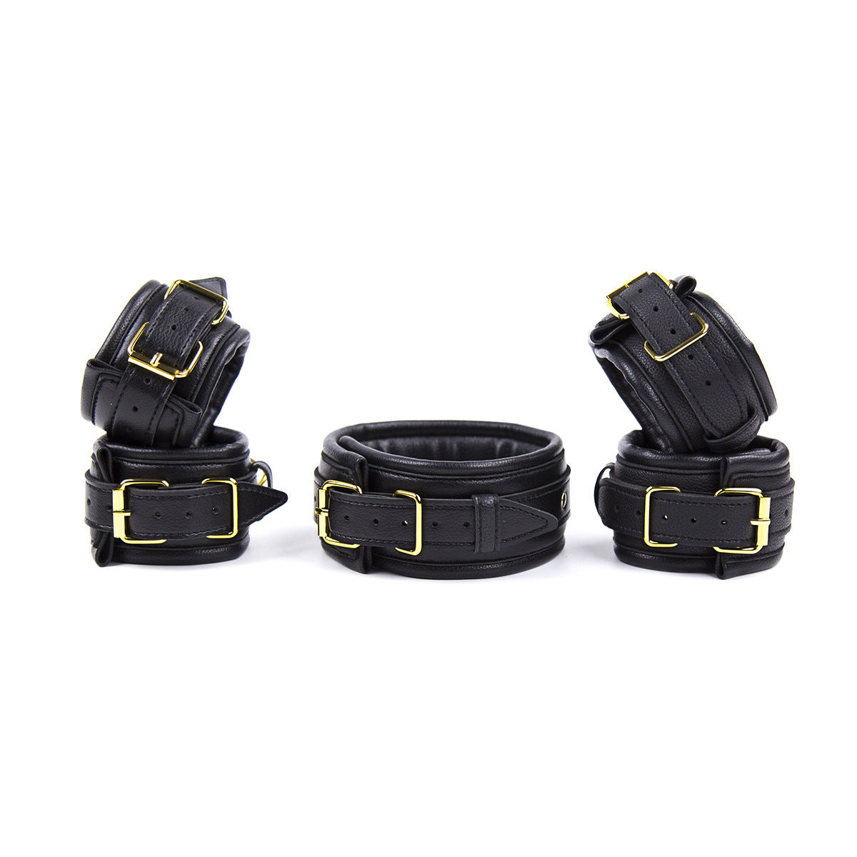 Premium PU Leather Adjustable Padded Collar, Handcuffs & Ankle Cuffs Set with Leash/Connectors(black) V888-ELOSUNG29412