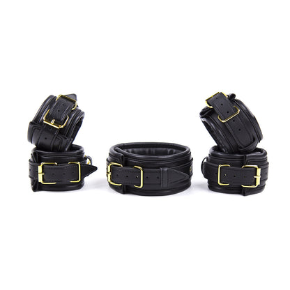 Premium PU Leather Adjustable Padded Collar, Handcuffs & Ankle Cuffs Set with Leash/Connectors(black) V888-ELOSUNG29412
