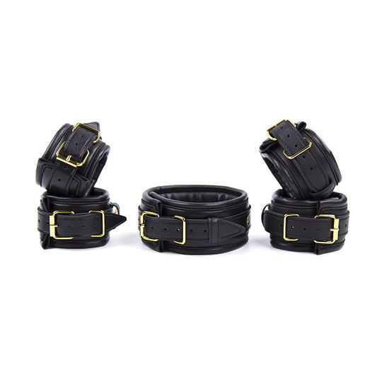 Premium PU Leather Adjustable Padded Collar, Handcuffs & Ankle Cuffs Set with Leash/Connectors(black) V888-ELOSUNG29412