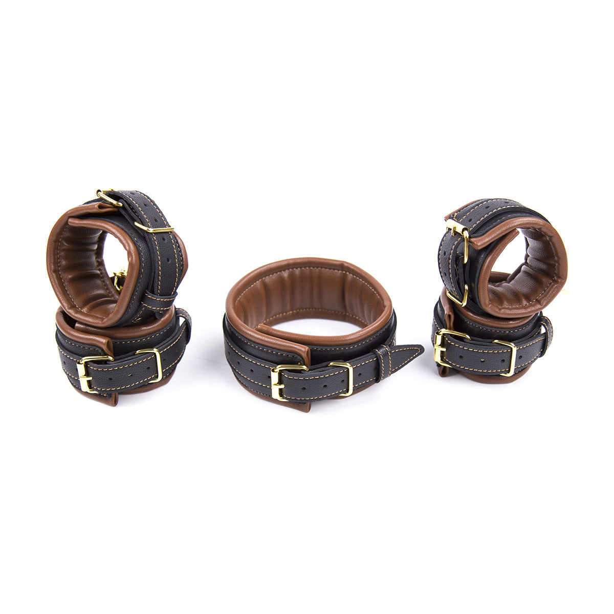 Premium PU Leather Adjustable Padded Collar, Handcuffs & Ankle Cuffs Set with Leash/Connectors(Brown) V888-ELOSUNG29414
