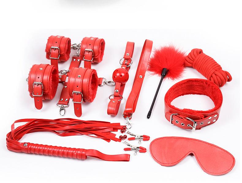 10-Piece Plush Lined Adjustable Restraint Kit with Rope & Accessories for Couples(red) V888-ELOSUNG29415