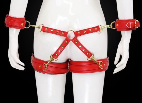 Adjustable PU Leather X-Harness Restraint Set with Cuffs - Playful Bondage Accessory(Red) V888-ELOSUNG29426