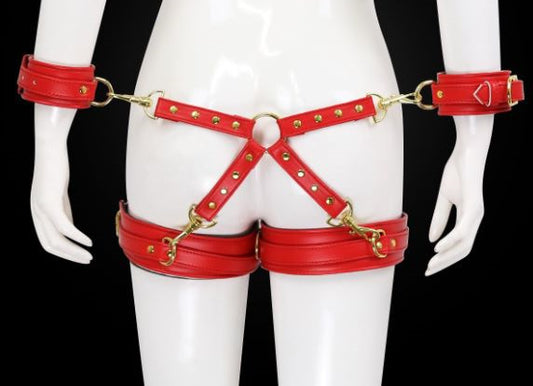 Adjustable PU Leather X-Harness Restraint Set with Cuffs - Playful Bondage Accessory(Red) V888-ELOSUNG29426