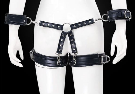 Adjustable PU Leather X-Harness Restraint Set with Cuffs - Playful Bondage Accessory(Brilliant leather blue) V888-ELOSUNG29427