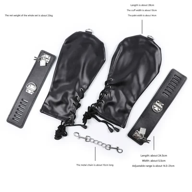 PU Leather Padded Bondage Mitts with Locking Straps & Connecting Chain - Playful Adult Set(Black) V888-ELOSUNG29429