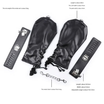 PU Leather Padded Bondage Mitts with Locking Straps & Connecting Chain - Playful Adult Set(Black) V888-ELOSUNG29429